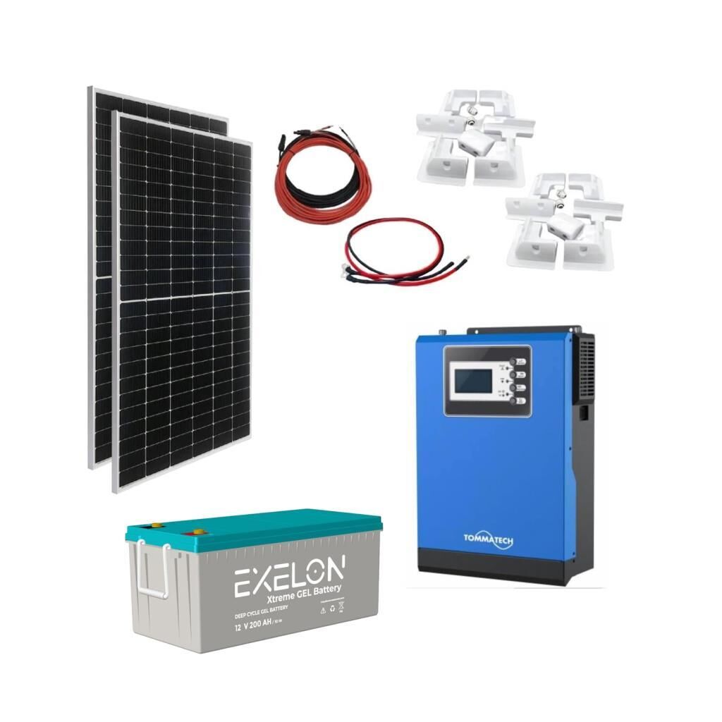 Karavan Solar Enerji Paketi 1kVA MPPT İnverter 2x205W Güneş Paneli 200Ah Karbon Jel Akü