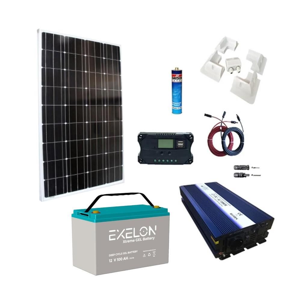 Karavan Solar Enerji Paketi 1000W Tam Sinüs UPS İnverter 205W Monokristal Panel 100Ah Jel Akü