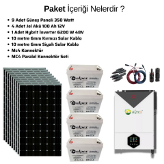 Güneş Enerjisi Bağ Evi Solar Paketi  Hybrit  inverter 6200 W 48V 410W Güneş Paneli 100 Ah Jel Akü