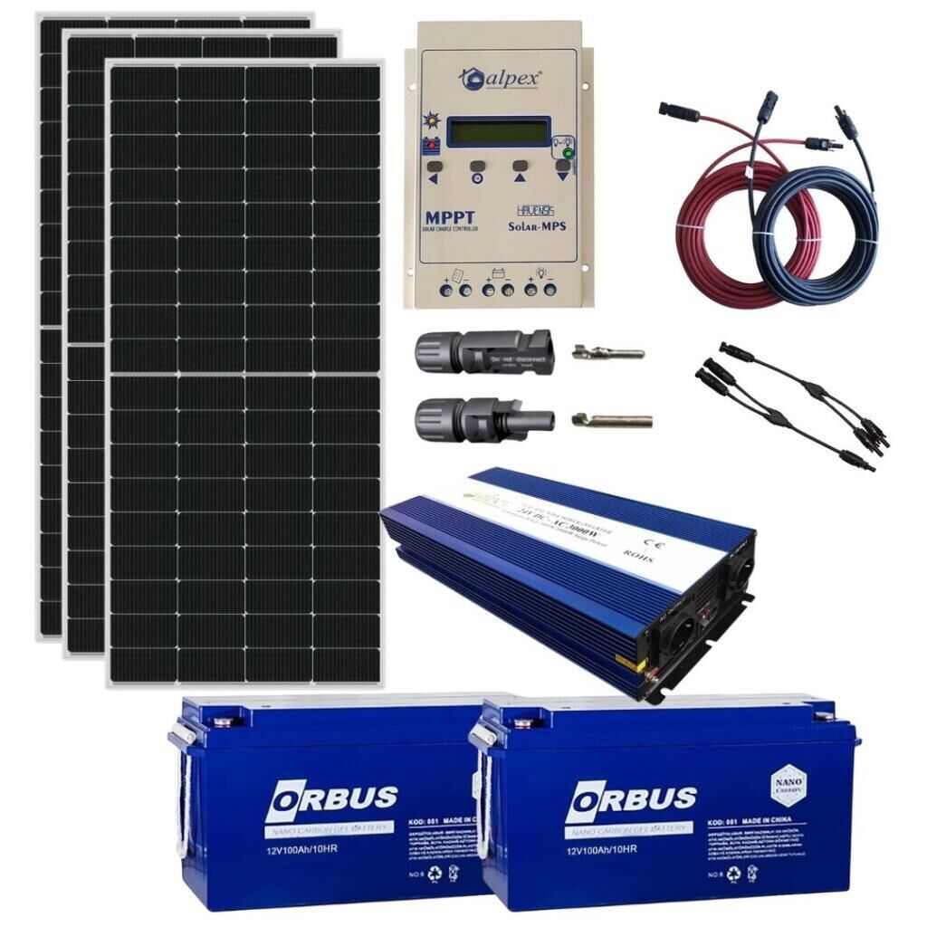 Güneş Enerjisi Bağ Evi Solar Paketi 3000W 24V Tam Sinüs İnverter 285W 24V Güneş Paneli 200Ah 12V Jel Akü