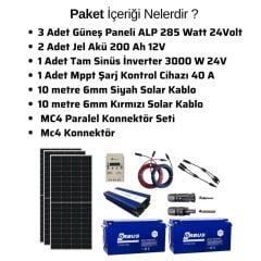Güneş Enerjisi Bağ Evi Solar Paketi 3000W 24V Tam Sinüs İnverter 285W 24V Güneş Paneli 200Ah 12V Jel Akü