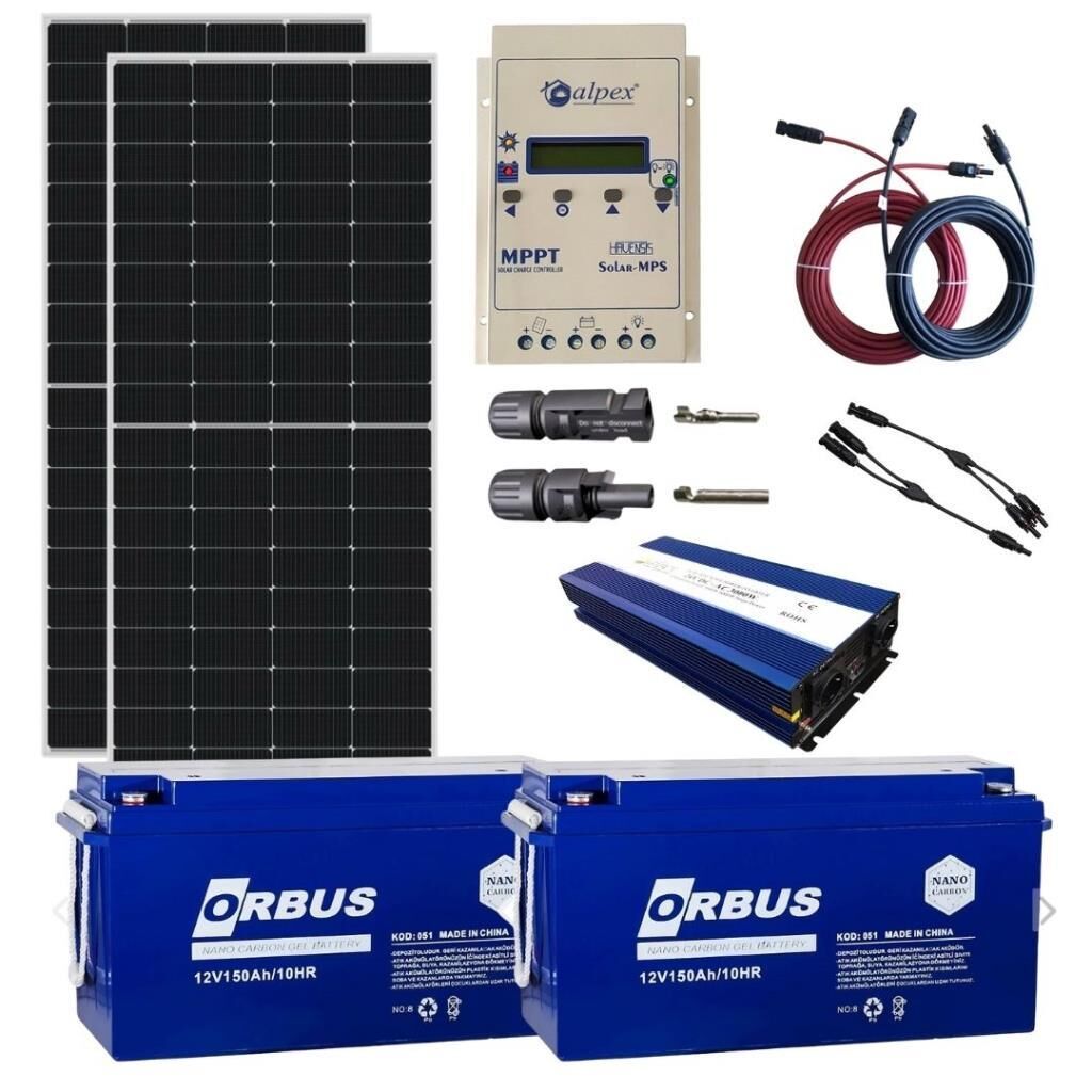 Güneş Enerjisi Bağ Evi Solar Paketi - 2000W Tam Sinüs İnverter, 2 x 340W 24V Polikristal Güneş Paneli, 2 x 150Ah 12V Jel Akü