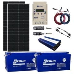 Güneş Enerjisi Bağ Evi Solar Paketi - 2000W Tam Sinüs İnverter, 2 x 340W 24V Polikristal Güneş Paneli, 2 x 150Ah 12V Jel Akü