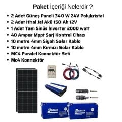 Güneş Enerjisi Bağ Evi Solar Paketi - 2000W Tam Sinüs İnverter, 2 x 340W 24V Polikristal Güneş Paneli, 2 x 150Ah 12V Jel Akü