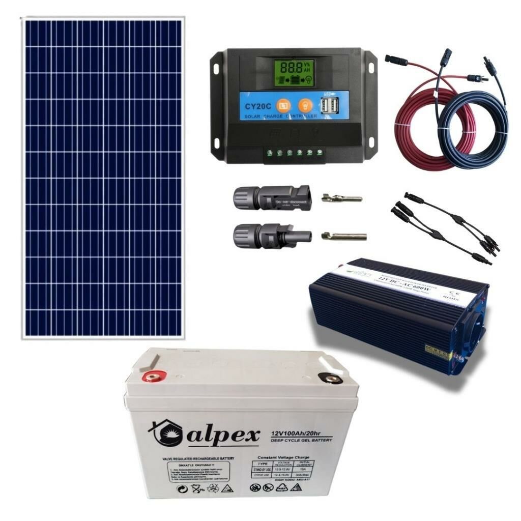 Güneş Enerjisi Bağ Evi Solar Paketi 600W 12V Modifiye Sinüs İnverter 170W 12V Güneş Paneli 100Ah 12V Jel Akü