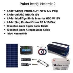 Güneş Enerjisi Bağ Evi Solar Paketi 600W 12V Modifiye Sinüs İnverter 170W 12V Güneş Paneli 100Ah 12V Jel Akü