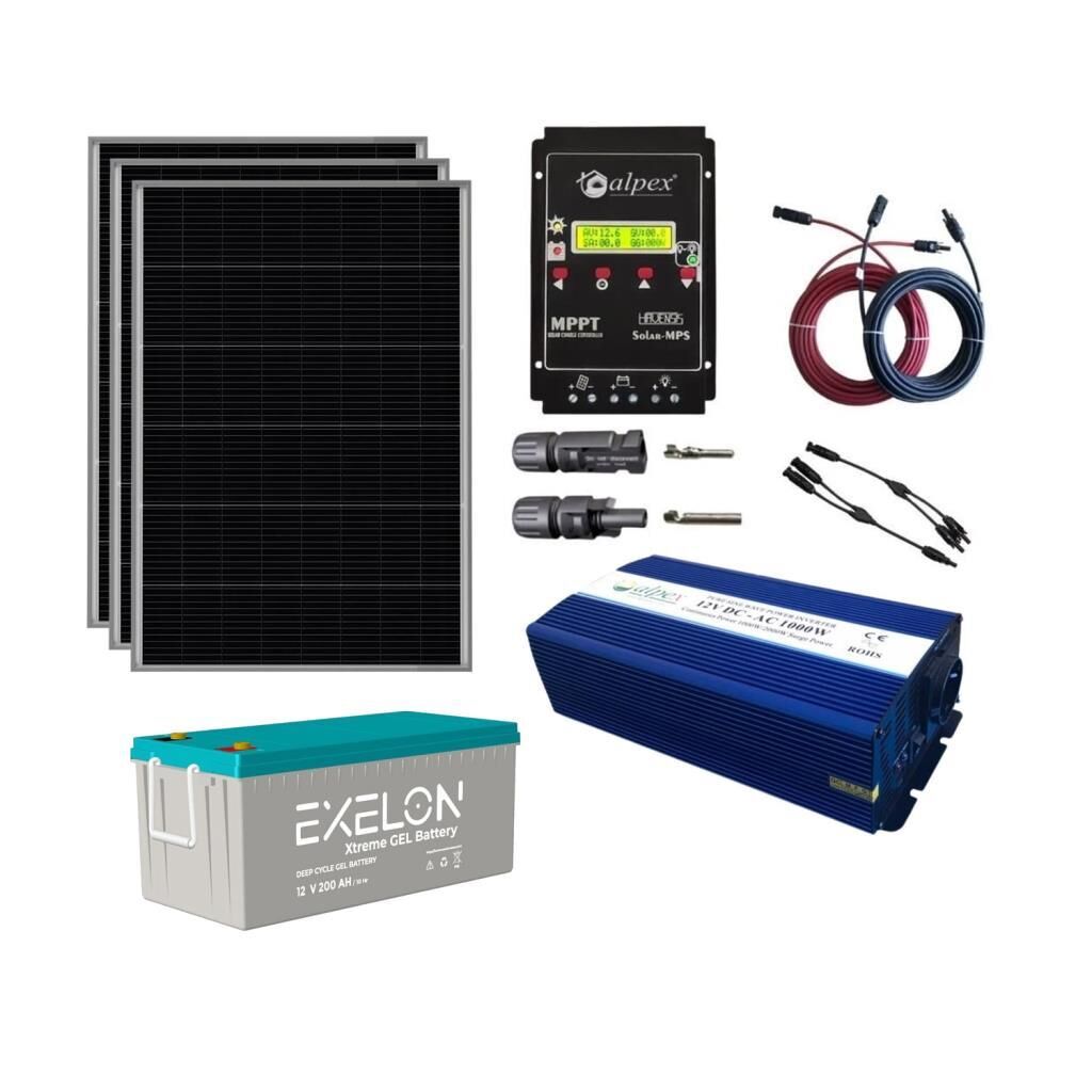 Güneş Enerjisi Bağ Evi Solar Paketi 1000W Tam Sinüs İnverter 250W 12V Güneş Paneli 200Ah Jel Akü