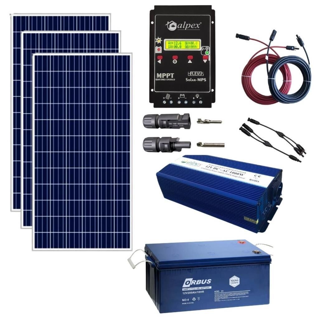 Güneş Enerjisi Bağ Evi Solar Paketi SP500 1000W Tam Sinüs İnverter 170W 12V Güneş Paneli 200Ah 12V Jel Akü