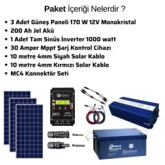 Güneş Enerjisi Bağ Evi Solar Paketi SP500 1000W Tam Sinüs İnverter 170W 12V Güneş Paneli 200Ah 12V Jel Akü