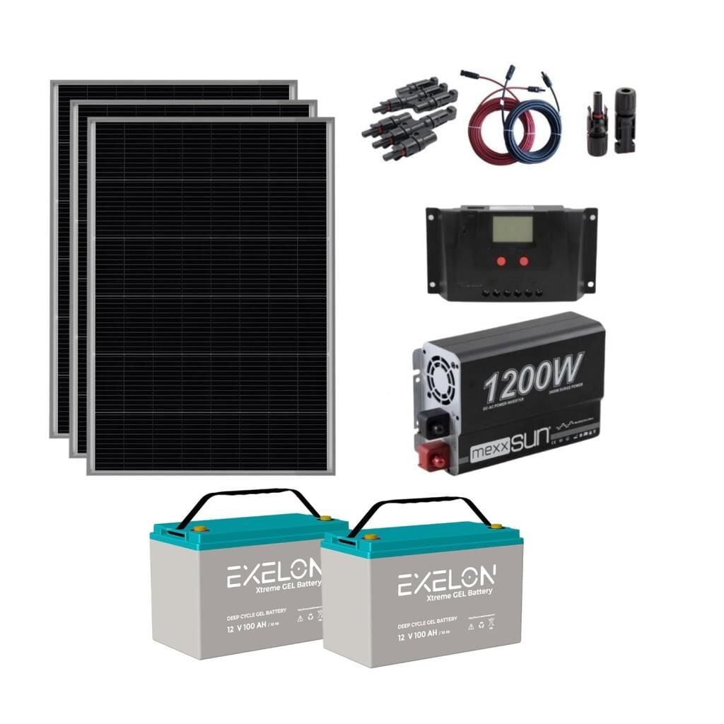 Güneş Enerjisi Bağ Evi Solar Paketi 1200W Sinüs İnverter 250W Güneş Paneli 100Ah Jel Akü