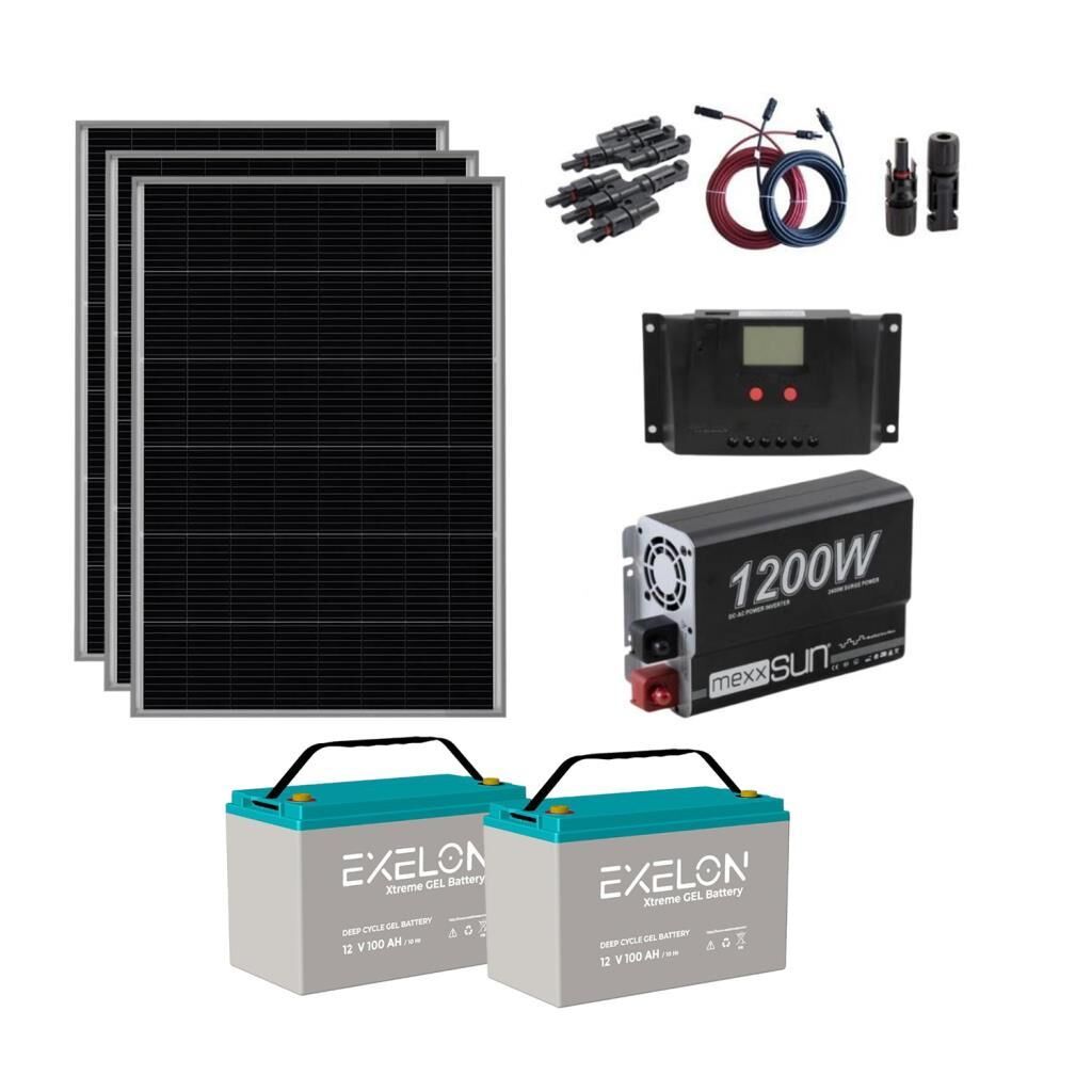 Güneş Enerjisi Bağ Evi Solar Paketi 1200W Sinüs İnverter 250W Güneş Paneli 100Ah Jel Akü