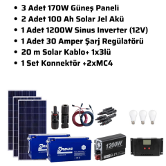 Güneş Enerjisi Bağ Evi Solar Paketi 1200W Sinüs İnverter 170W Güneş Paneli 100Ah Jel Akü PKT3