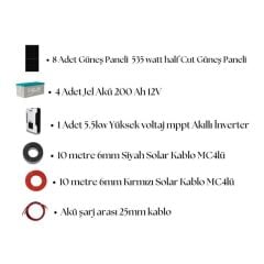 20.000 Watt Büyük Bağ Evi Solar Paketi 550W Güneş Paneli 5Kw İnverter 10Kw Jel Akü