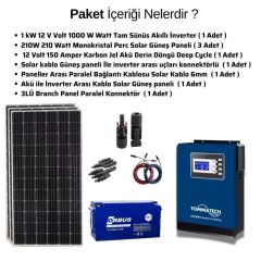 Güneş Enerjisi Bağ Evi Solar Paketi 1KVA İnverter 210W Güneş Paneli 150AH Jel Akü