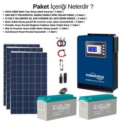 Güneş Enerjisi Bağ Evi Solar Paketi 3KVA İnverter 280W Güneş Paneli 150AH Jel Akü