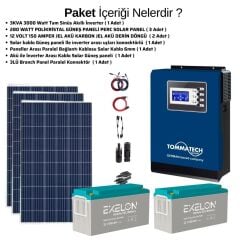 Güneş Enerjisi Bağ Evi Solar Paketi 3KVA İnverter 280W Güneş Paneli 150AH Jel Akü