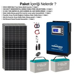 Güneş Enerjisi Bağ Evi Solar Paketi 3KVA İnverter 350W Güneş Paneli 100AH Jel Akü