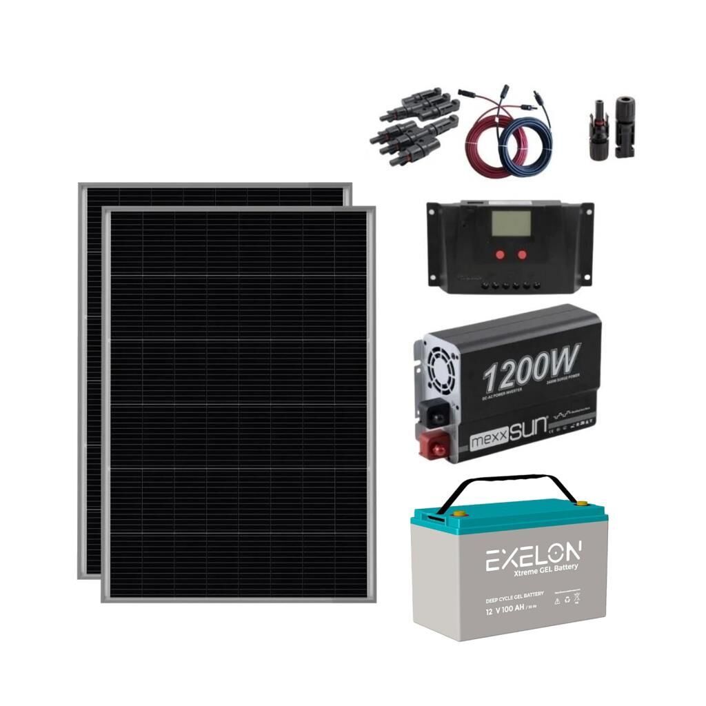 1200W Güneş Enerjisi Solar Paket 2x250W Panel 100Ah Jel Akü 1200W İnverter TV ve Aydınlatma Uyumlu